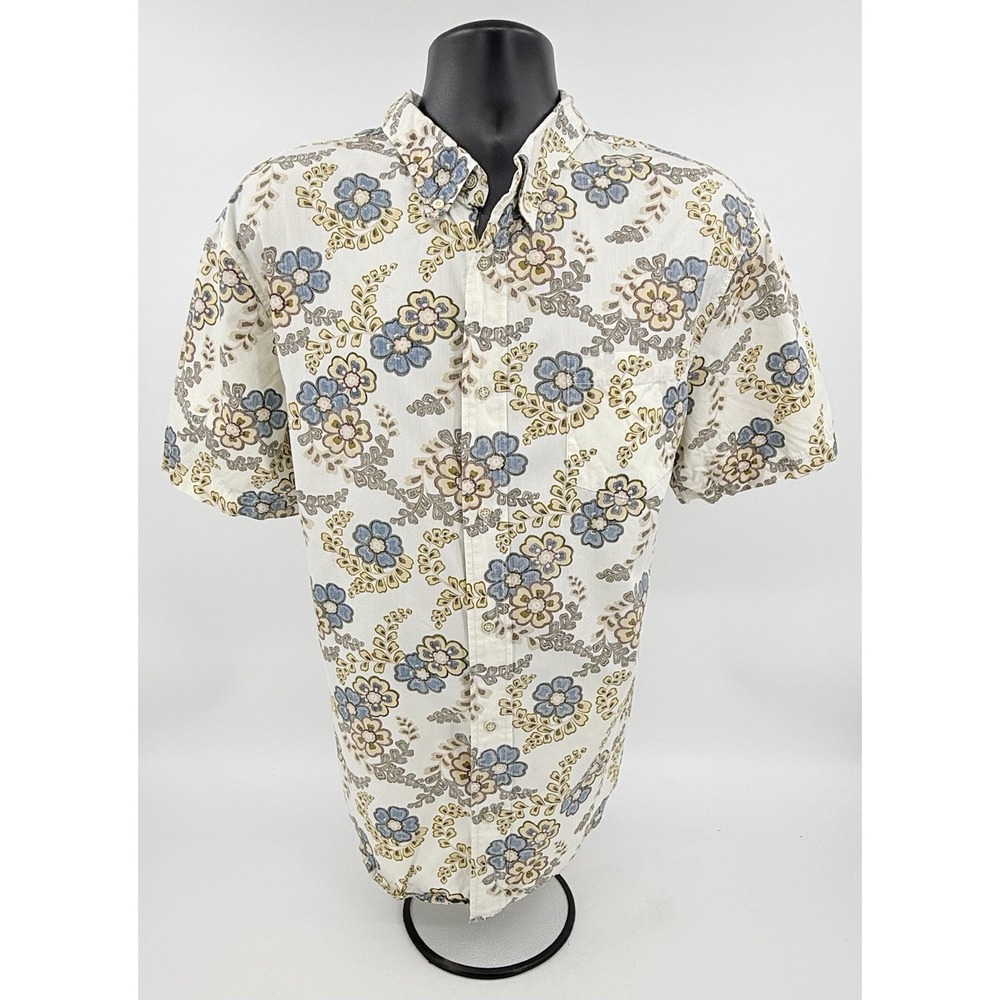 Reyn Spooner Tan w Blue Hibiscus Floral Hawaiian Aloha Shirt XL Reverse Mens XL